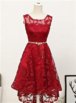 Picture of Dark Red Color High Low Lace Party Dresses Homecoming Dresses, Red Color Short Prom Dresses